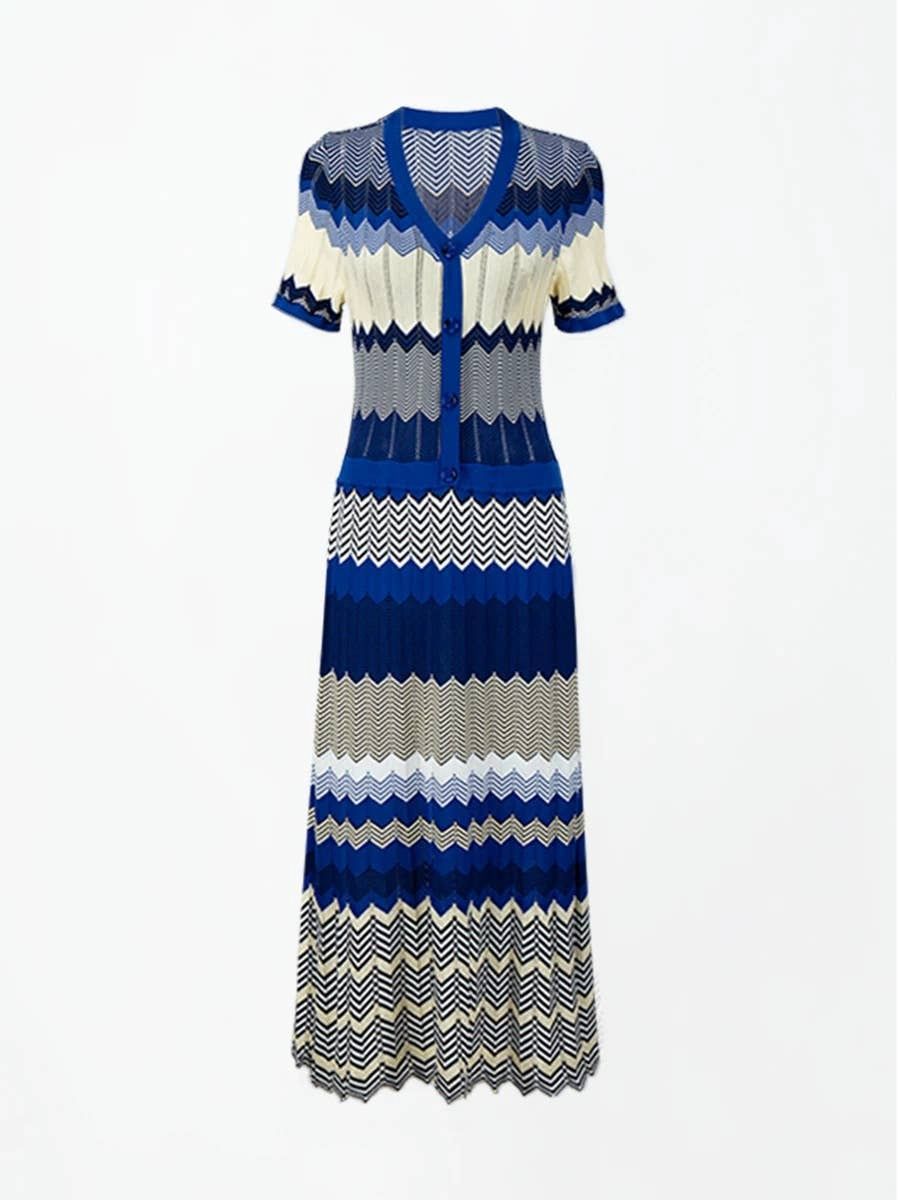 Summer V-neck Striped Sweater and Pleated Skirt Set, Color: Multi-Colored, Size: M