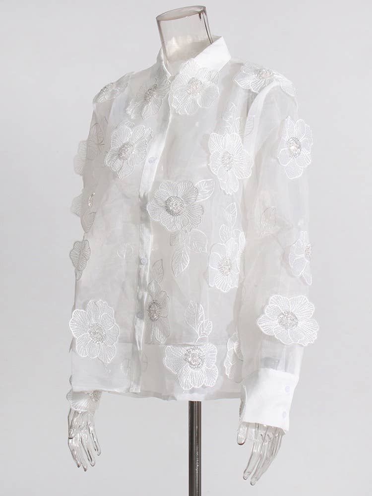 Luxe Organza Shirt with 3D Floral Sequin Detail, Color: White, Size: S