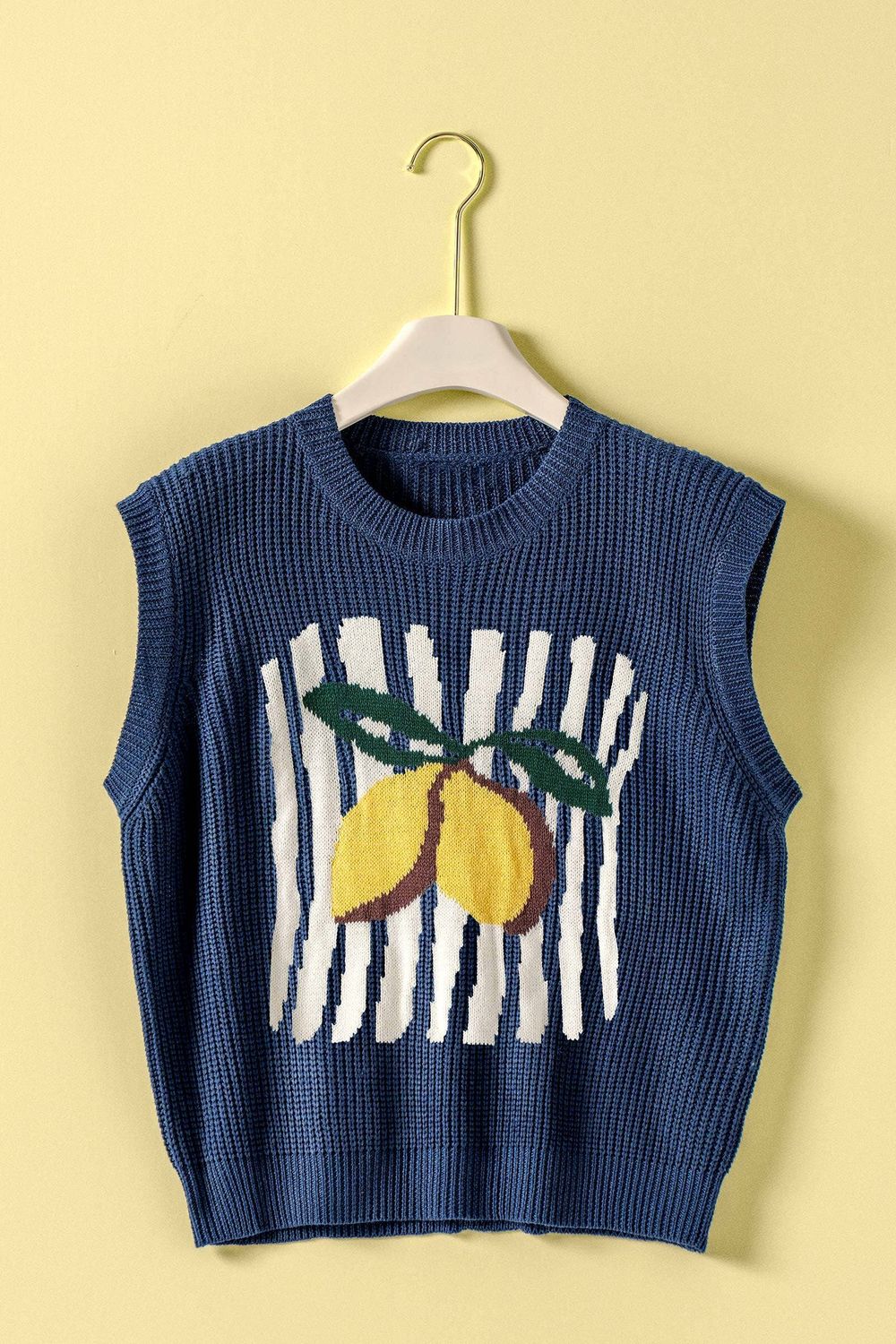 Lemon Graphic Knit Vest Citrus Print, Color: NAVY, Size: Small/Medium