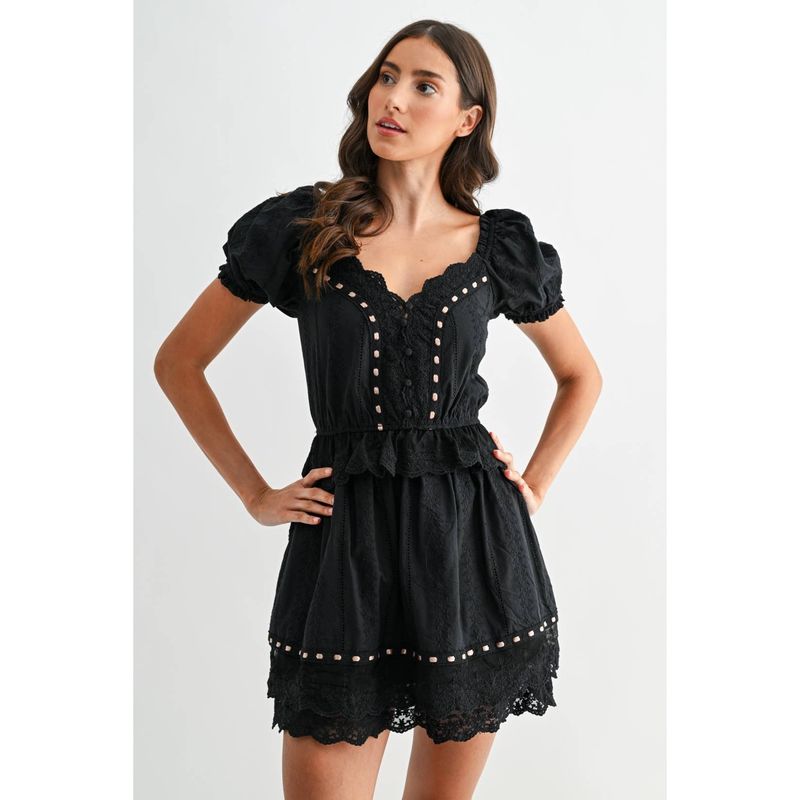 BLACK LACE MINI DRESS WITH SCALLOPED DETAILING