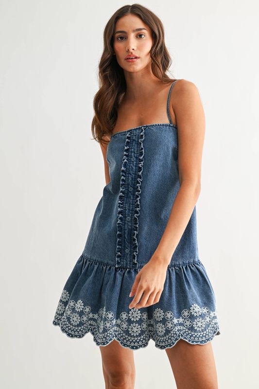 Embroidered Denim Ruffle Hem Dress