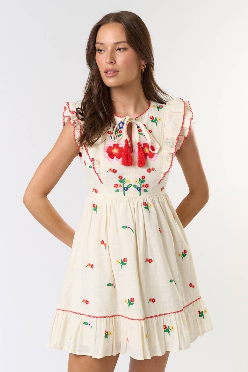 Layered Flutter Sleeve Embroidered Mini Dress, Color: CREAM, Size: S