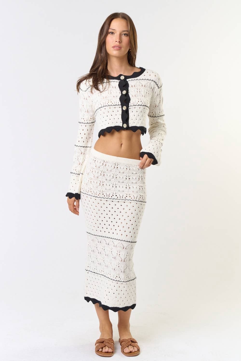 CROCHET SWEATER TOP W/ MIDI SKIRT SET, Color: IVORY-BLACK, Size: L