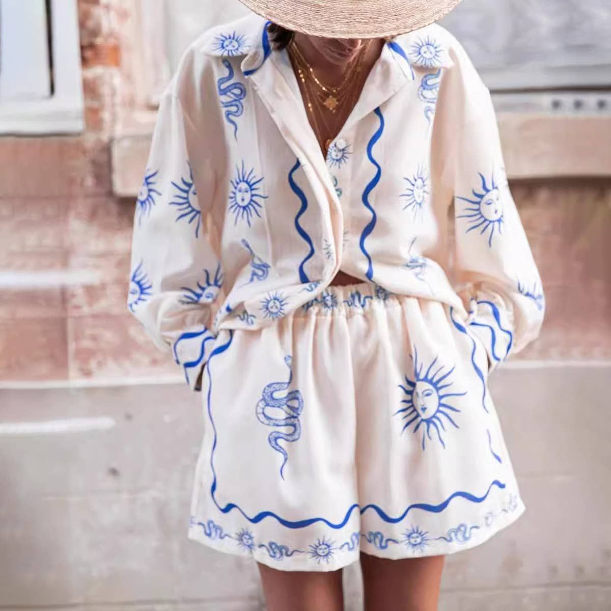 Fashion print casual cardigan shorts linen two-piece set, Color: White, Size: M