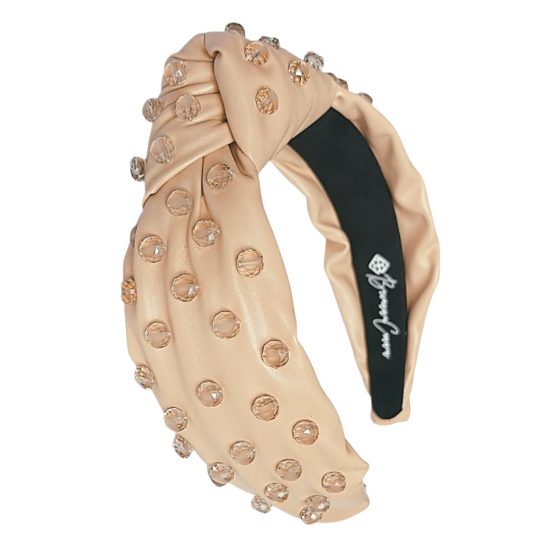 Nude Vegan Leather Headband with Hand-Sewn Glass Beads