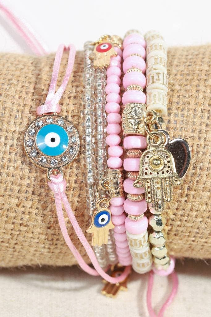 Evil Eye Stretchy Bracelet Stack with Hamsa Charms, Color: Pink