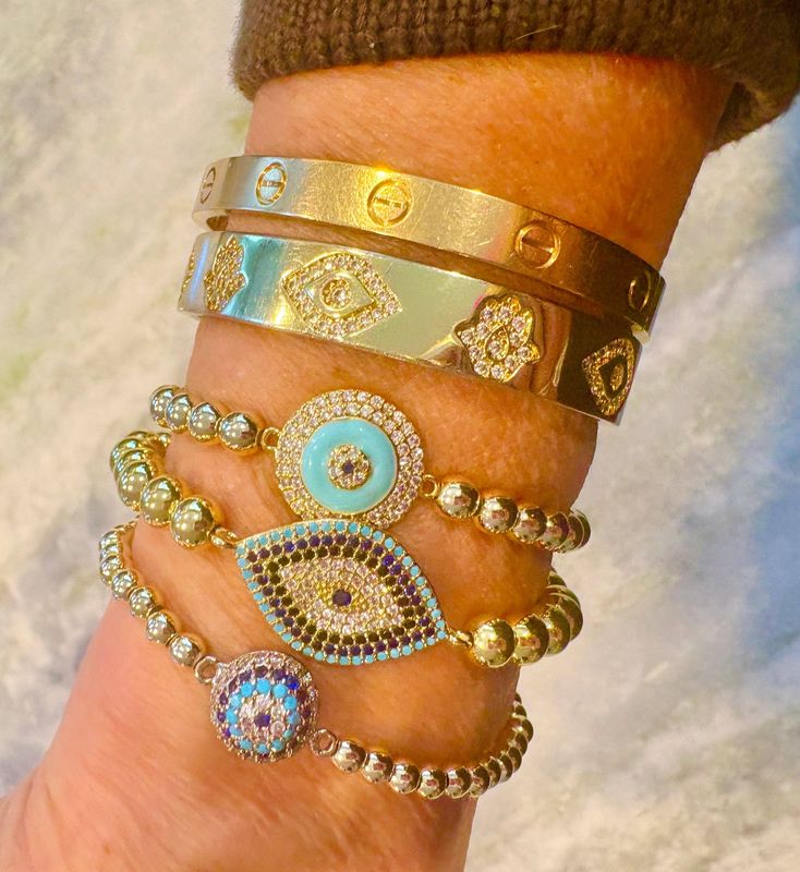 Gold Beaded Crystal Evil Eye Bracelet