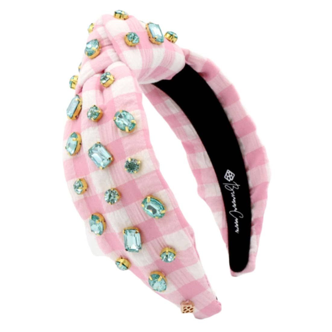 Pink Gingham Headband with Robin Egg Blue Rhine