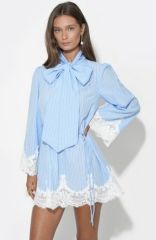 Victoria Neck Tie Lace Trim Stripe Mini Dress
