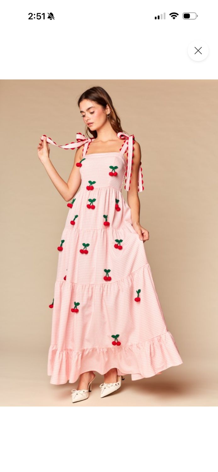 Cherry Gingham Maxi Dress, Color: Pink, Size: SM