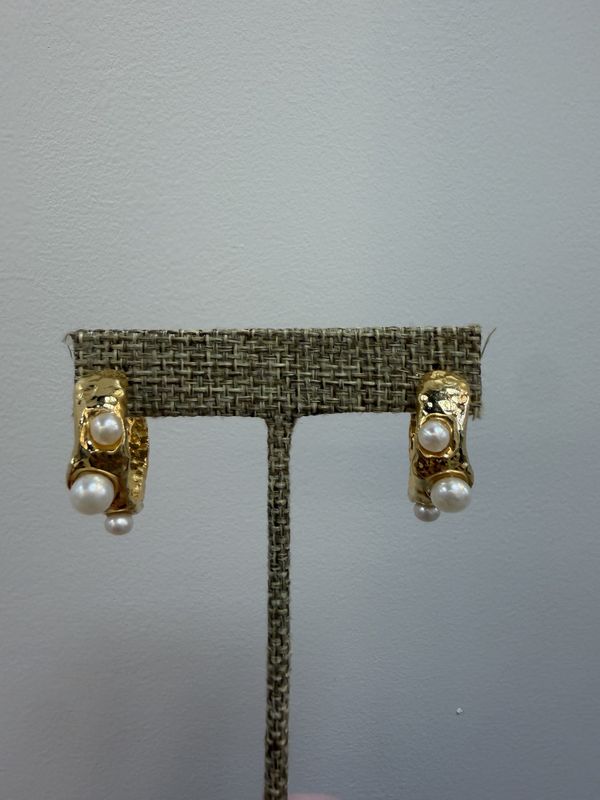 Gold Hammered Pearl Hoop Earrings