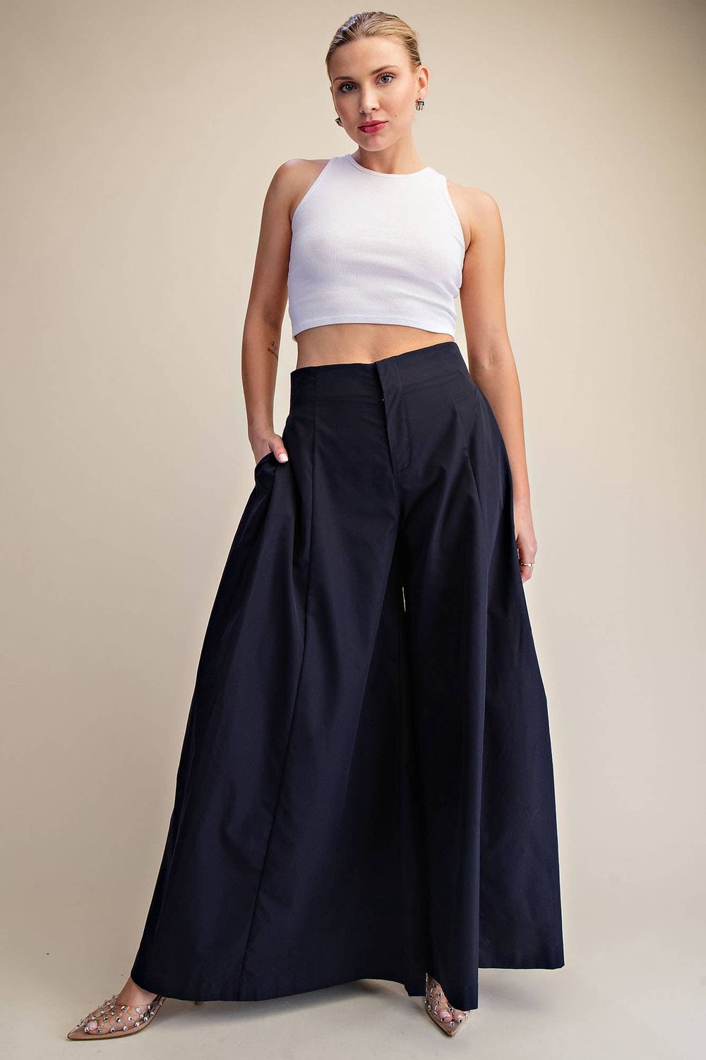 Palazzo Pants A-Line High Waist, Color: Navy, Size: S