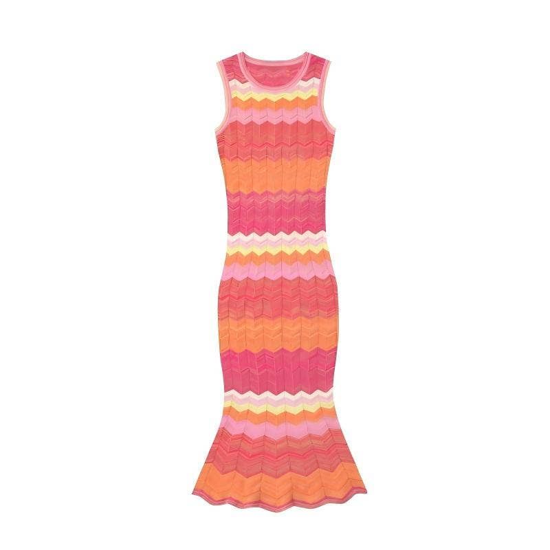 Chic Sleeveless Wave Stripe Knit Fishtail Dress, Product Language: English, Size: S