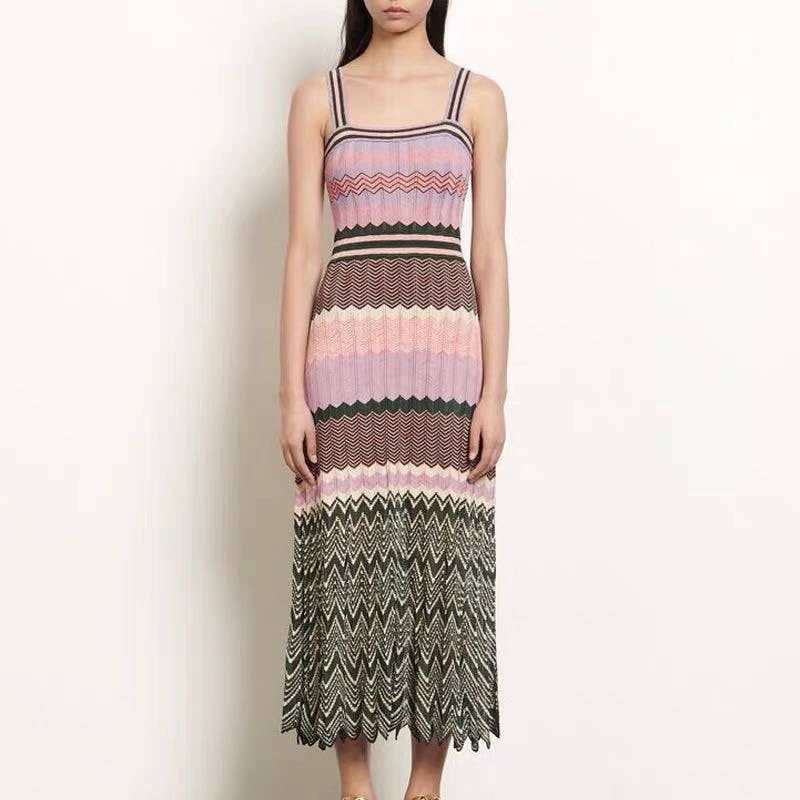 Retro Pleated Knit Dress, Color: Multi-Colored, Product Language: English, Size: XS