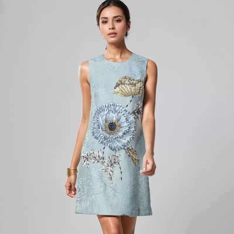 Round Neck Hand-Beaded Floral Vest Dress