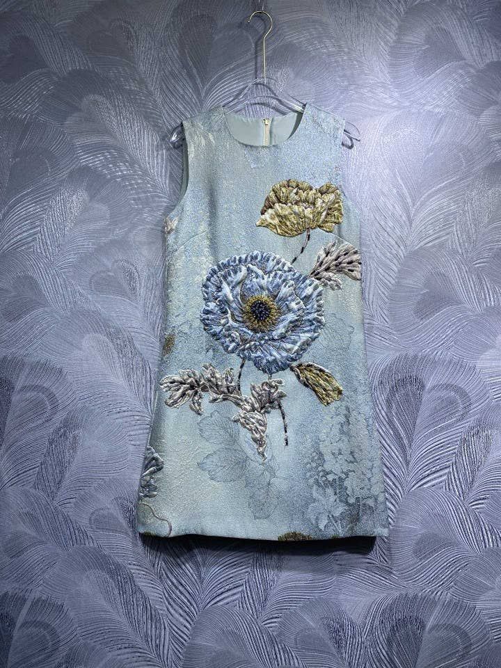 Round Neck Hand-Beaded Floral Vest Dress, Size: XS