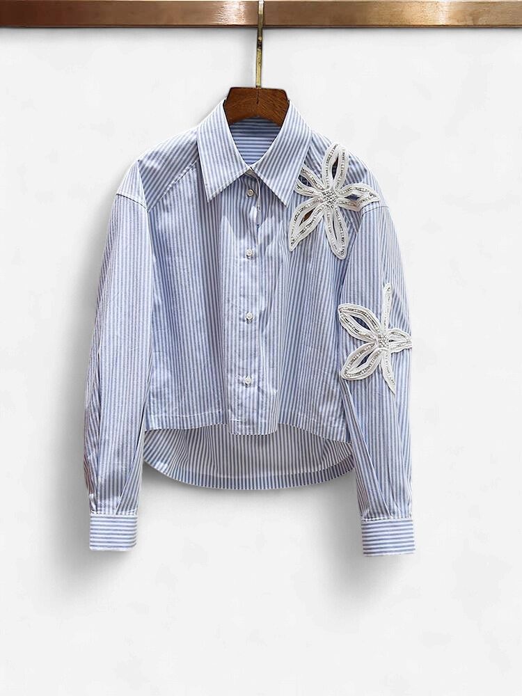 Striped Floral Applique Button Up Shirt Top