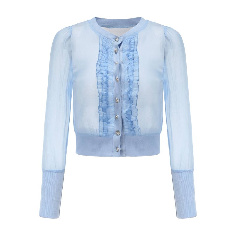 Rhinestone Buttons Puff Sleeves Blouse