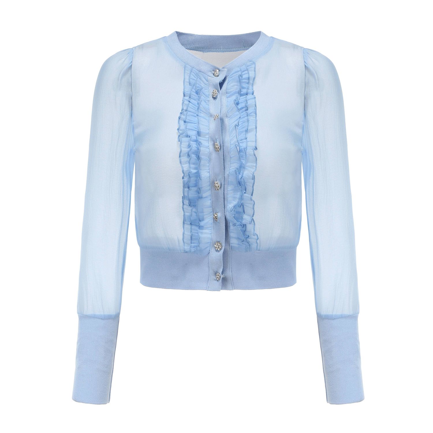 Rhinestone Buttons Puff Sleeves Blouse, Color: Blue, Size: S