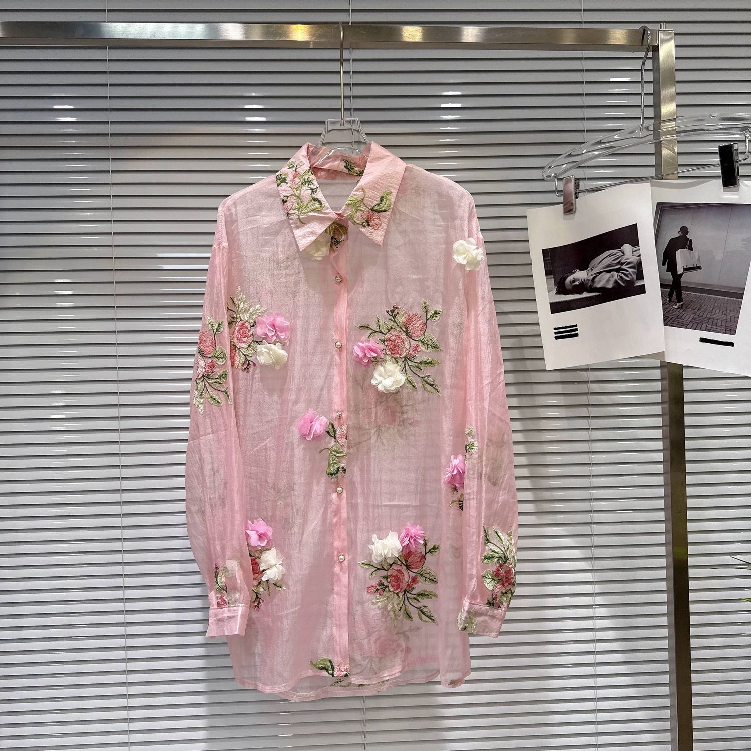 Floral Embroidered Sheer Vacation Shirt Chic, Color: Pink, Size: One Size