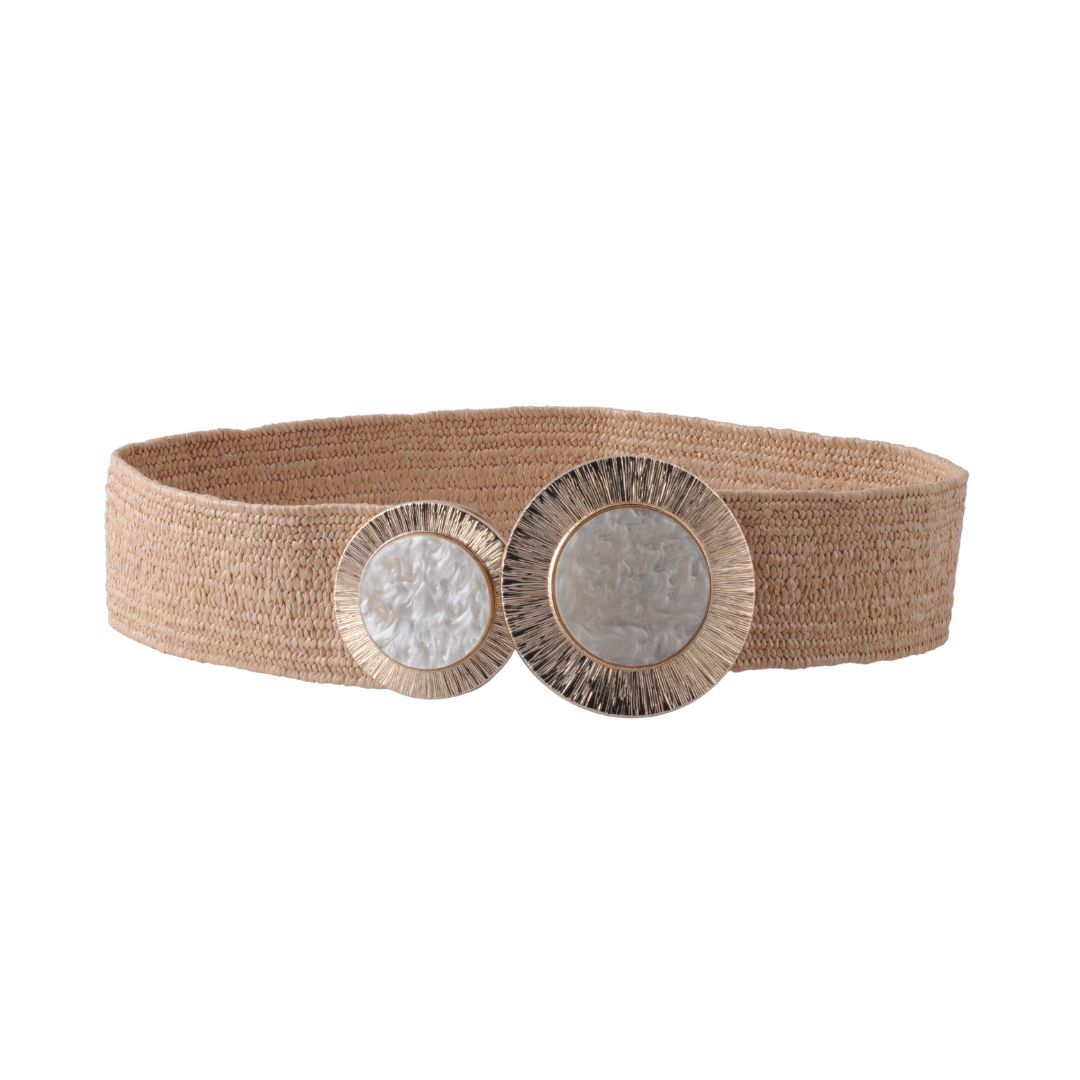 Raffia Stretch Belt with Pearl Buckle｜SS'26 Waist Cincher, Color: Natural, Size: ML