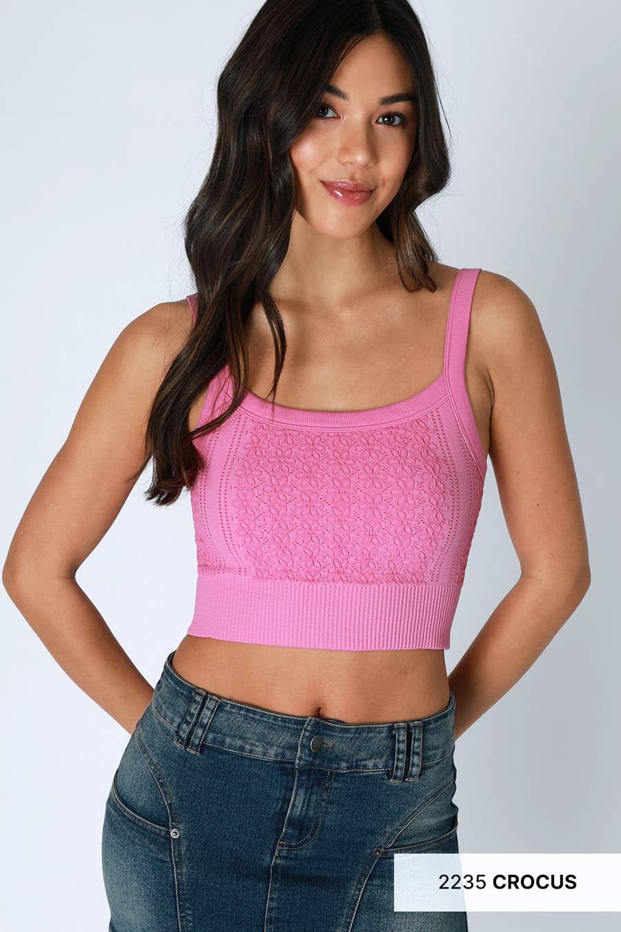 Floral Lace Ribbed Crop Top, Color: Pink