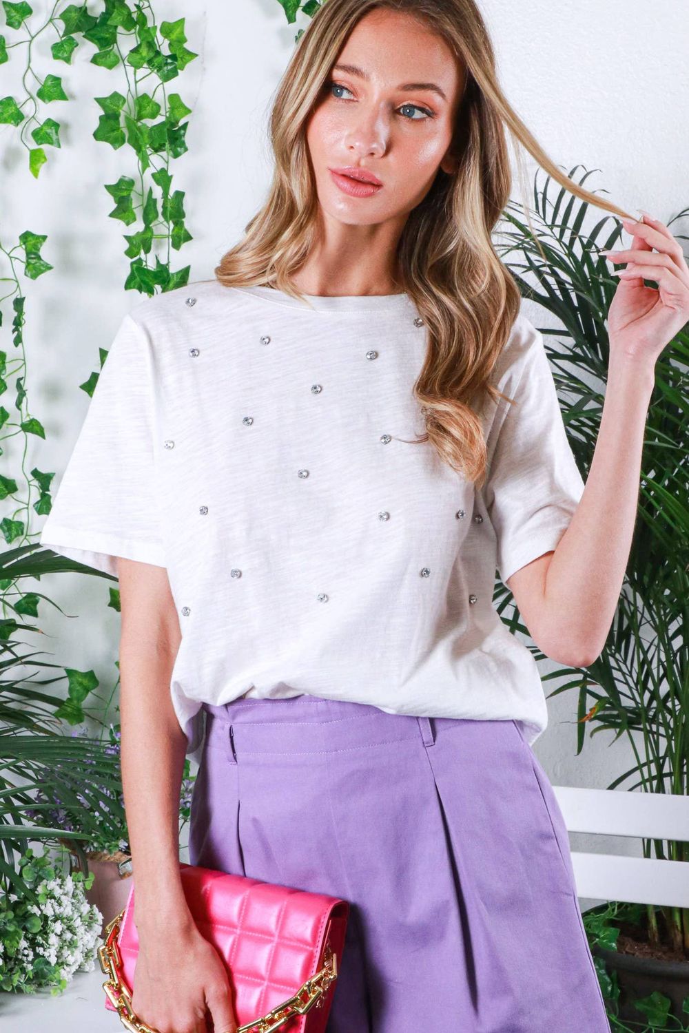 Round Neck Rhinestone T-Shirt Top, Size: M