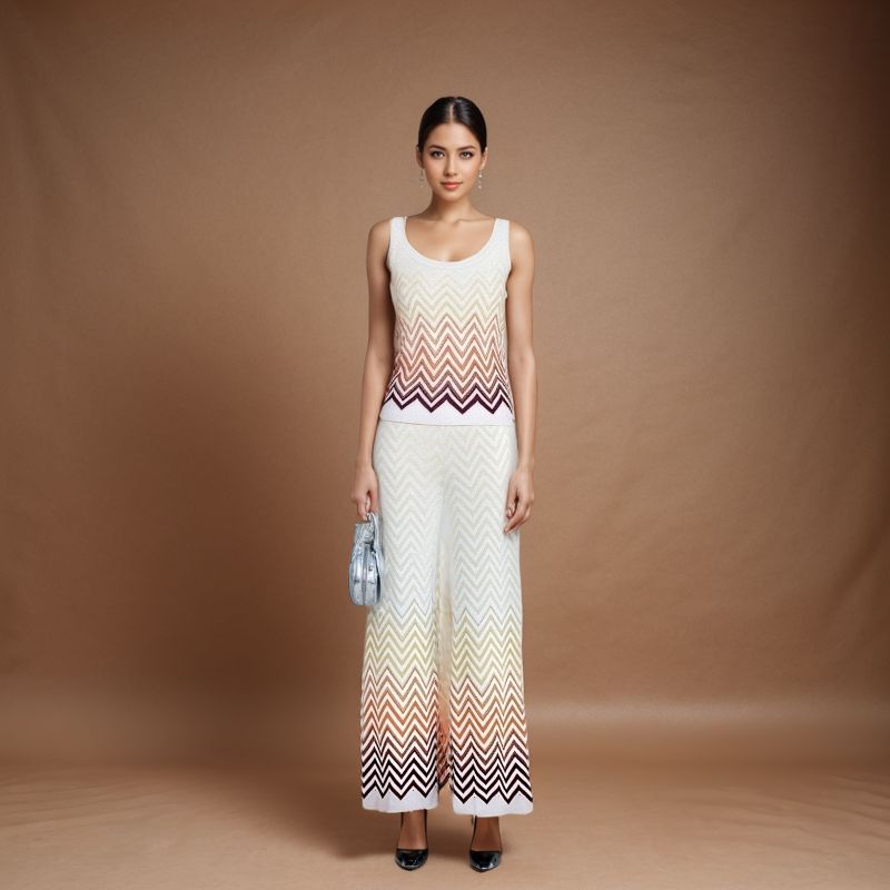 Sleeveless Wave Stripe Knit Set with High Waist Pants, Product Language: English, Size: S