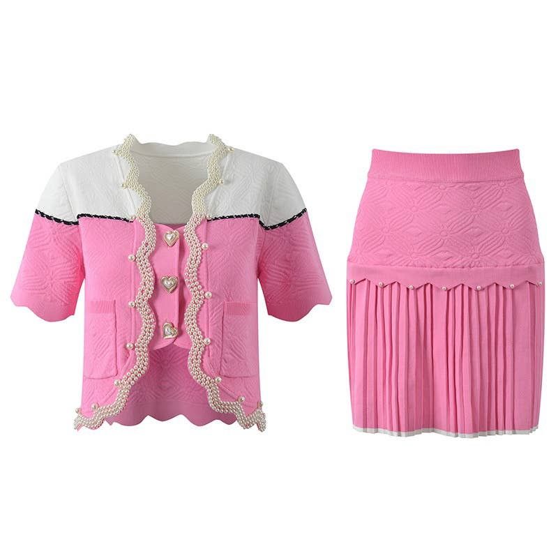 Heart Throb Knit Beaded Top Pleated Skirt Set