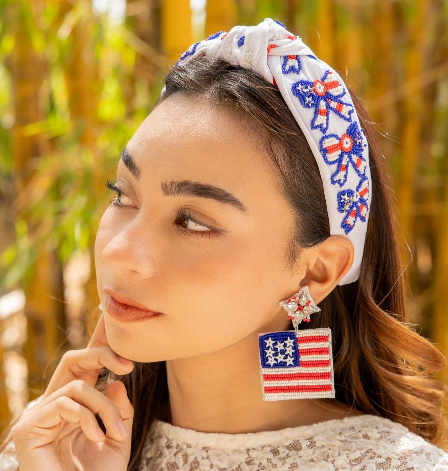 Hand Beaded USA Flag Bow Knot Headband