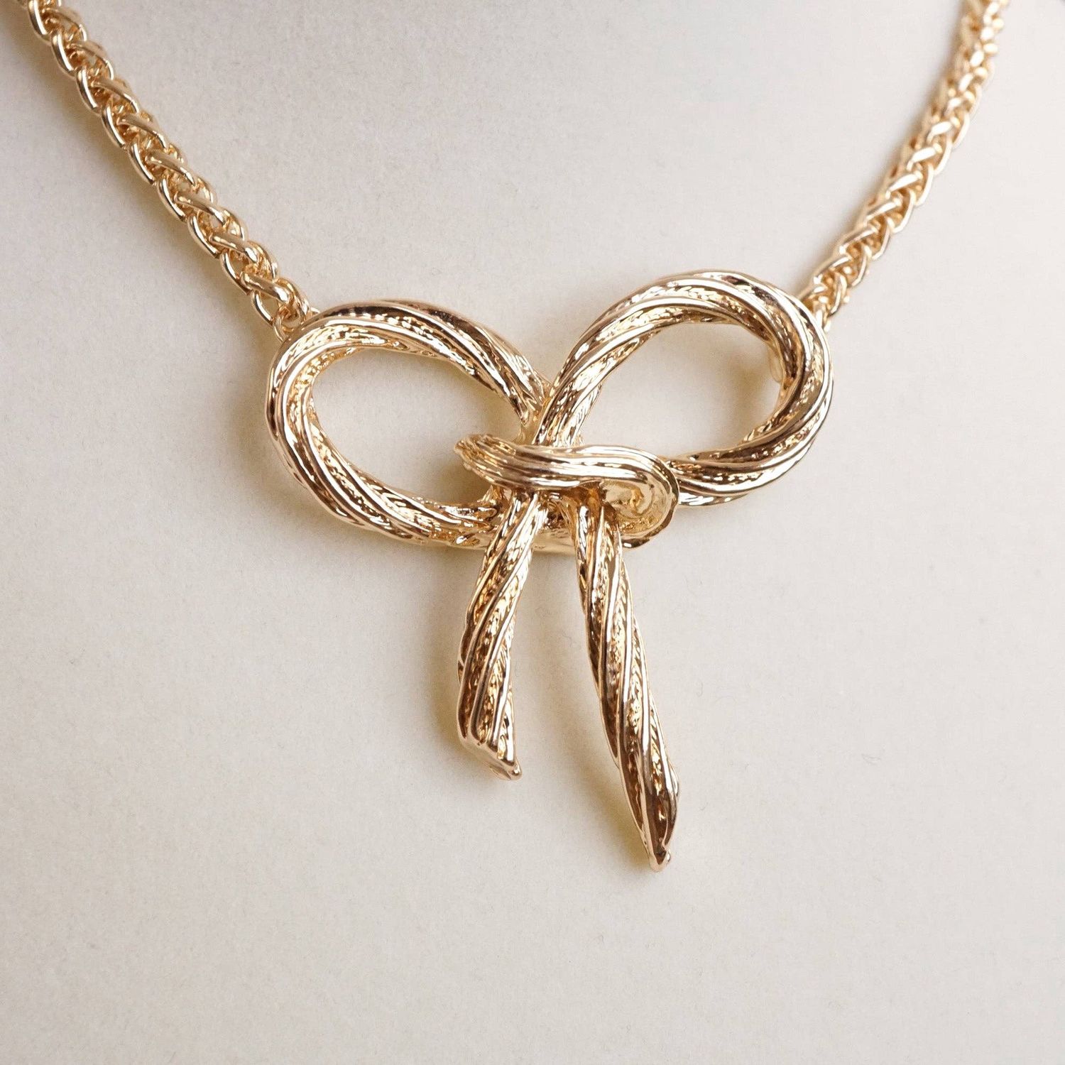 Large Rope Textured Bow  Necklace, Color: Gold Tone