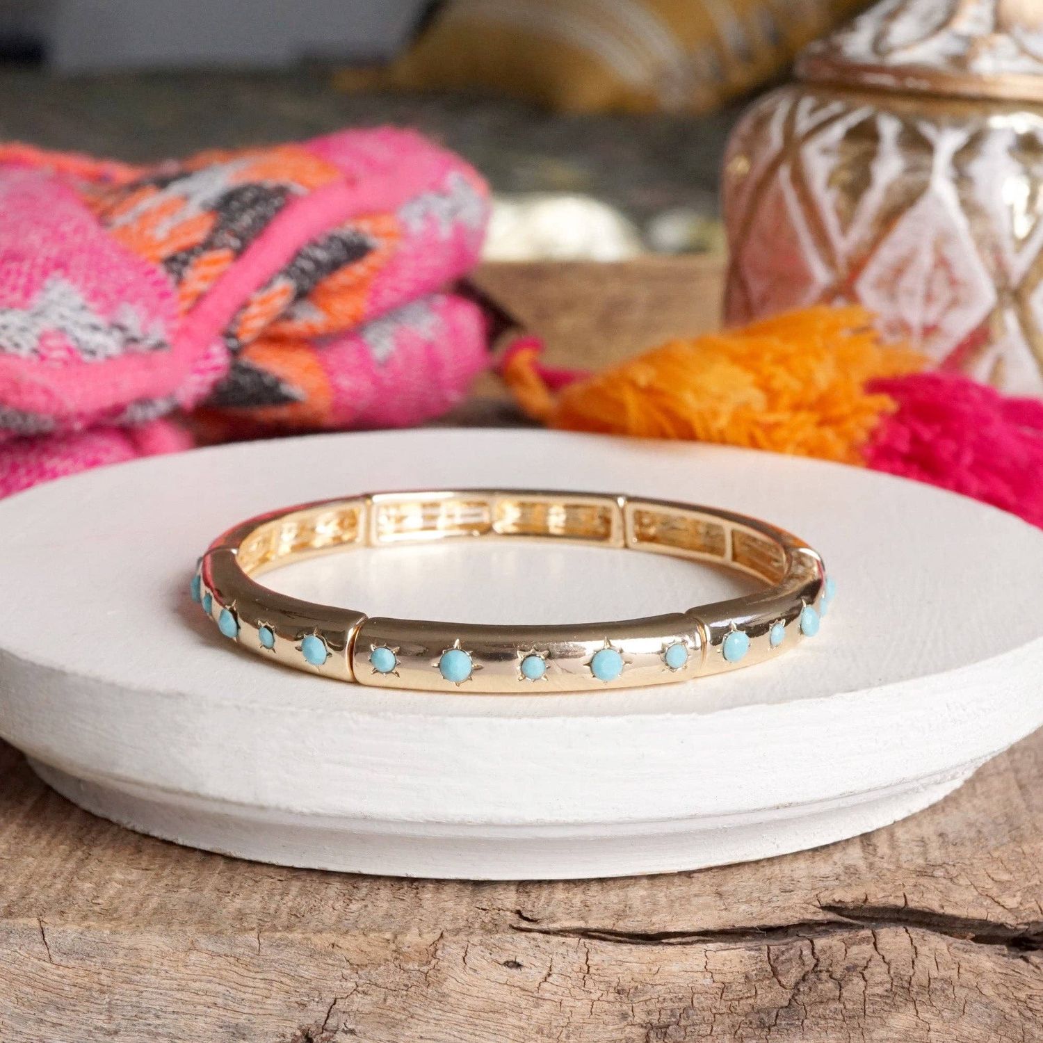 Gold-Tone Eternity Stretch Bangle –, Style: Skinny - Turquoise