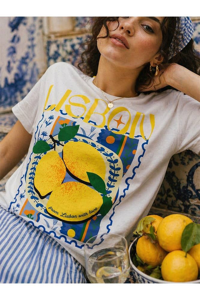 Lisbon Lemons Relaxed Fit White T-Shirt, Color: White, Fit: RELAXED, Size: L