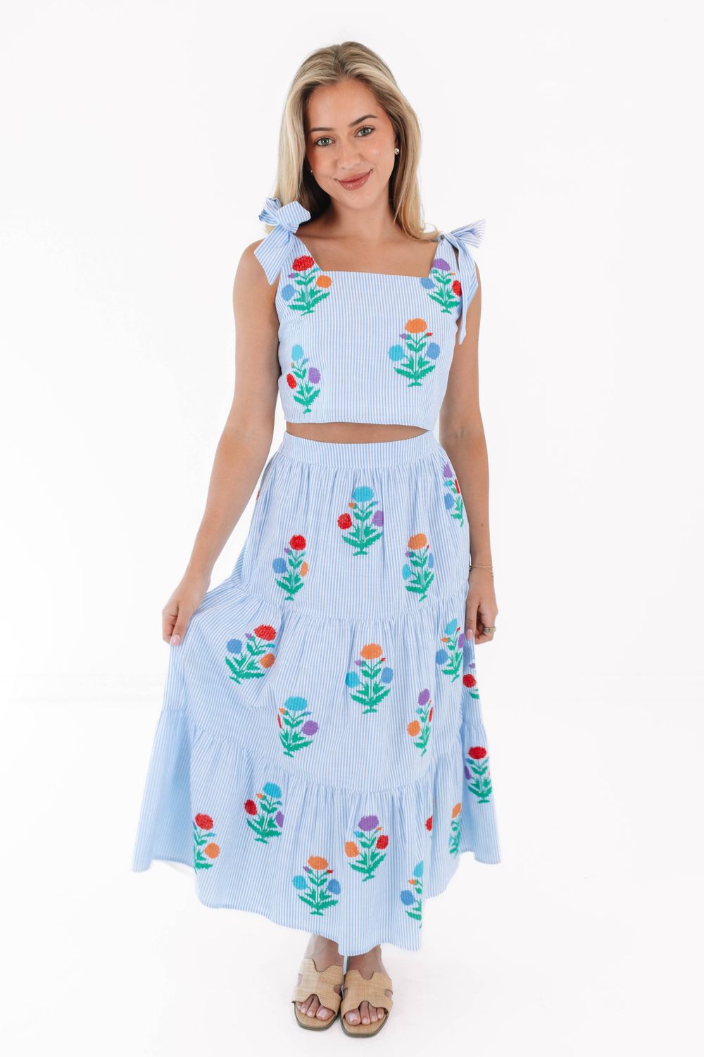 The Samson Midi Skirt Set - Blue &amp; White Stripe Embroidery