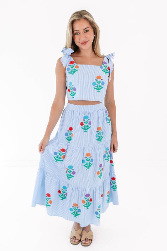 The Samson Midi Skirt Set - Blue &amp; White Stripe Embroidery