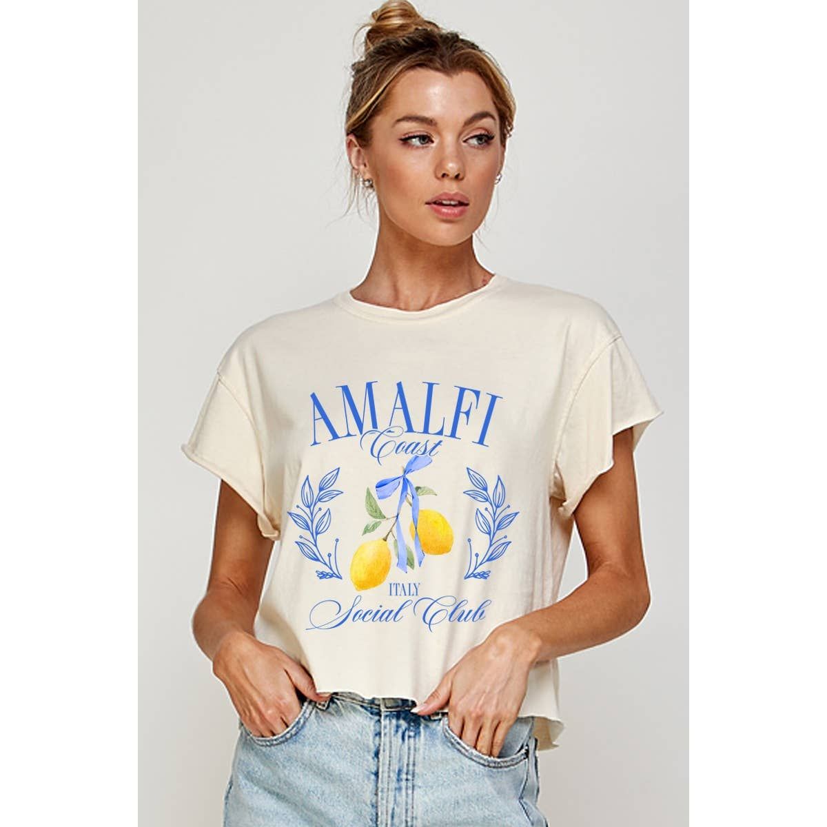 AMALFI COAST VINTAGE  GRAPHIC CROP TOP, Color: IVORY, Size: S