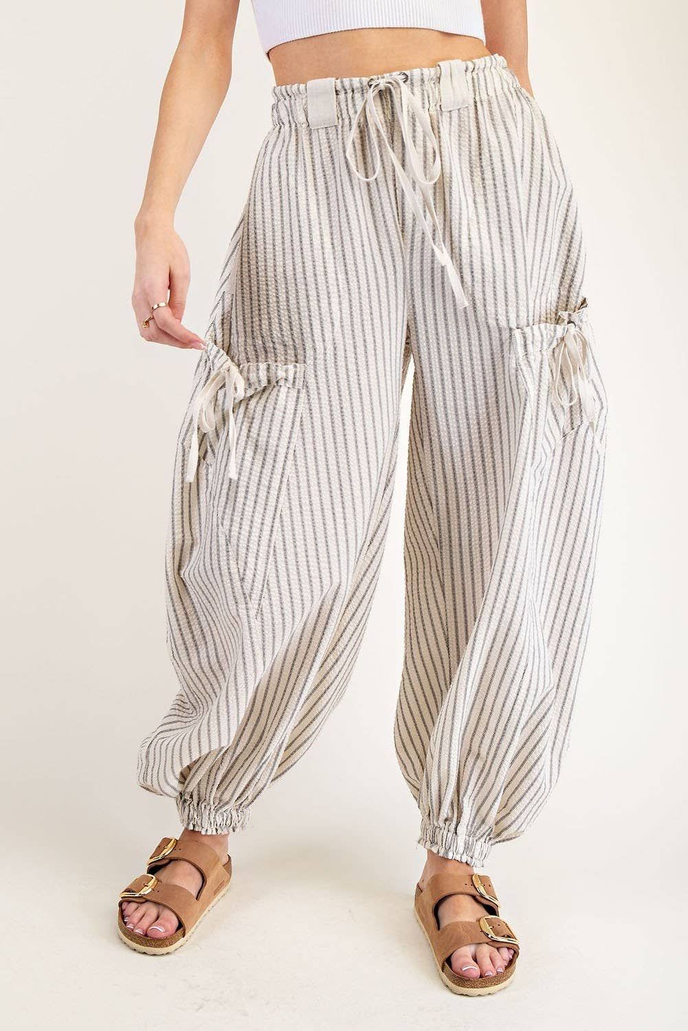 STRIPED DRAWSTRING SIDE POCKET JOGGER PANTS, Color: OATMEAL, Size: S