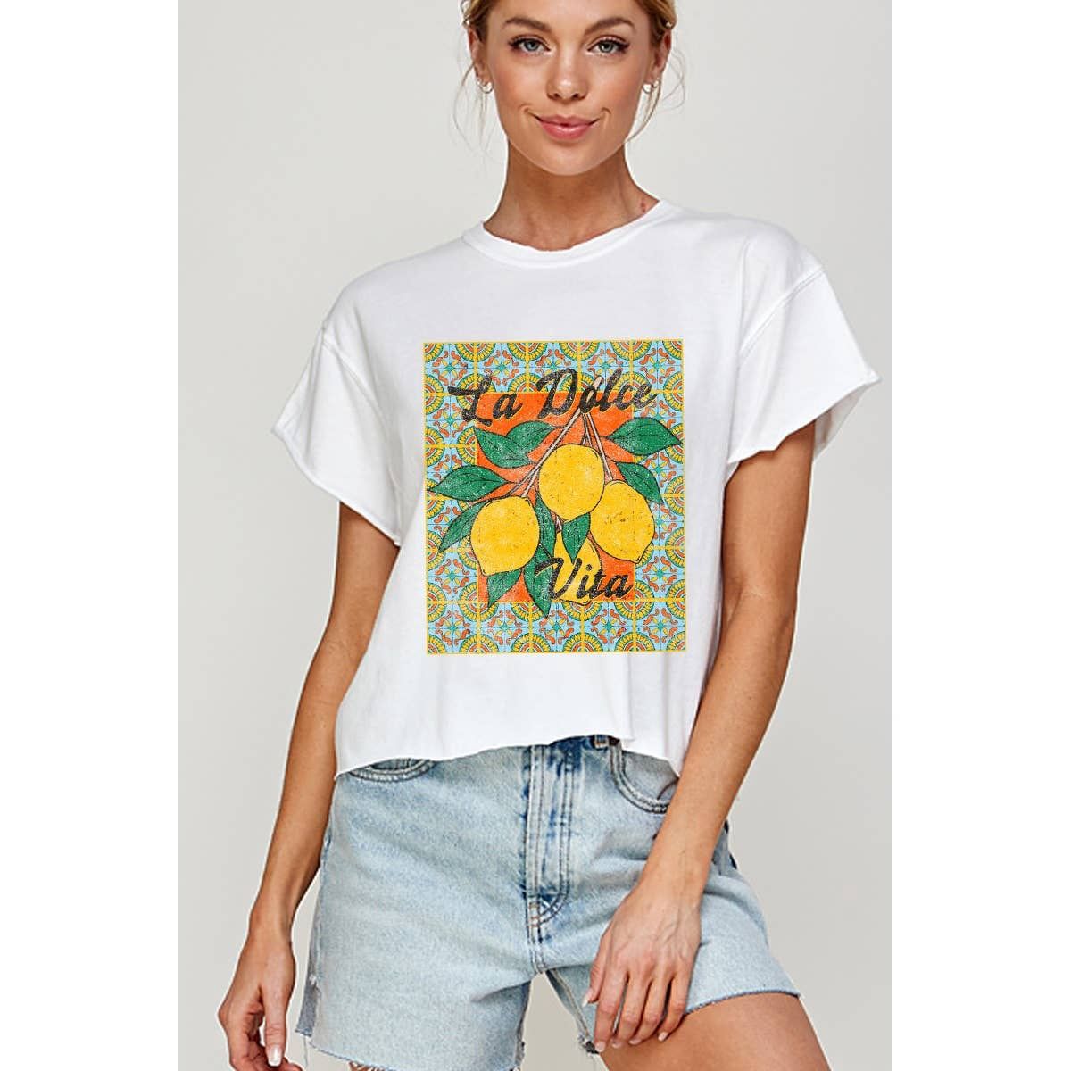 LA DOLCE VITA VINTAGE GRAPHIC CROP TOP, Color: WHITE, Size: L