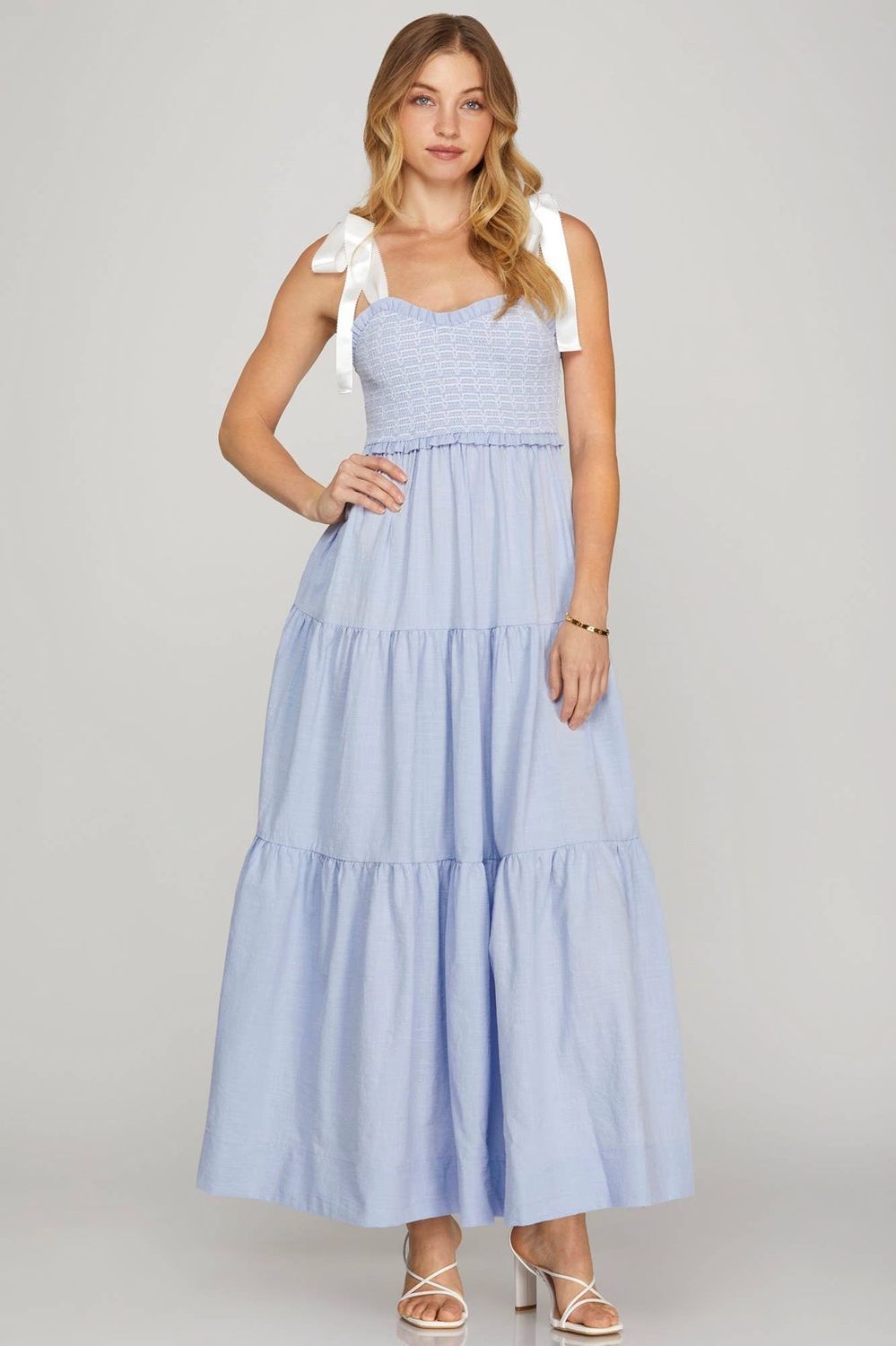 SMOCKING TIERED WOVEN MAXI DRESS, Color: LT BLUE, Size: S