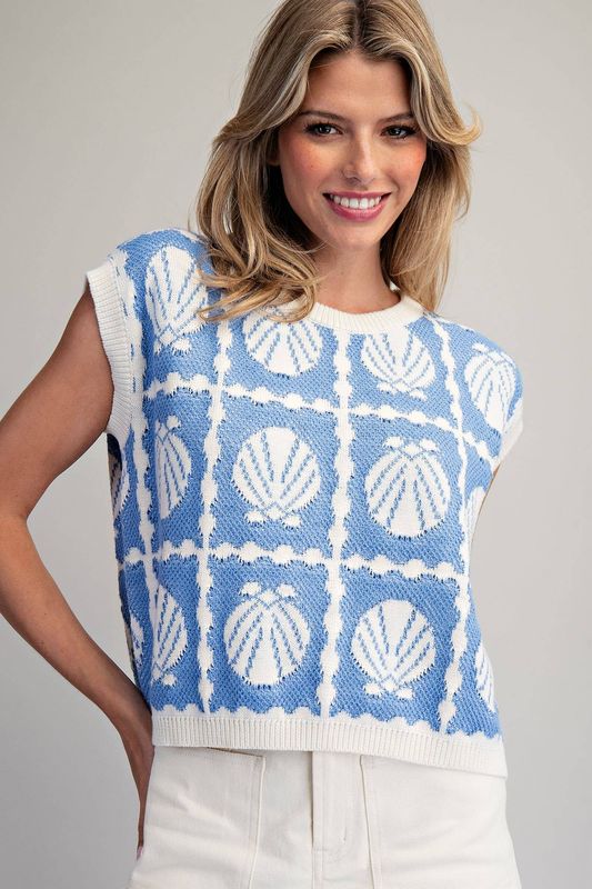 SEASHELL GRID CAP SLEEVE KNIT TOP