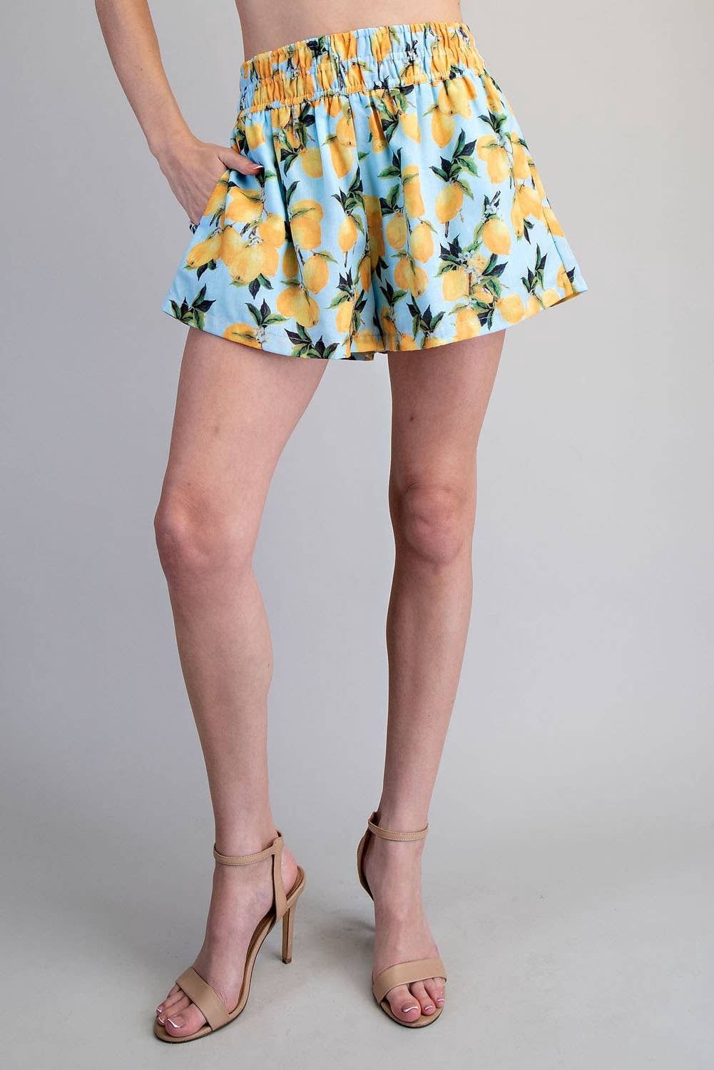 LEMON PRINTED ELASTIC WAIST SHORTS, Color: LEMON BLUE, Size: L