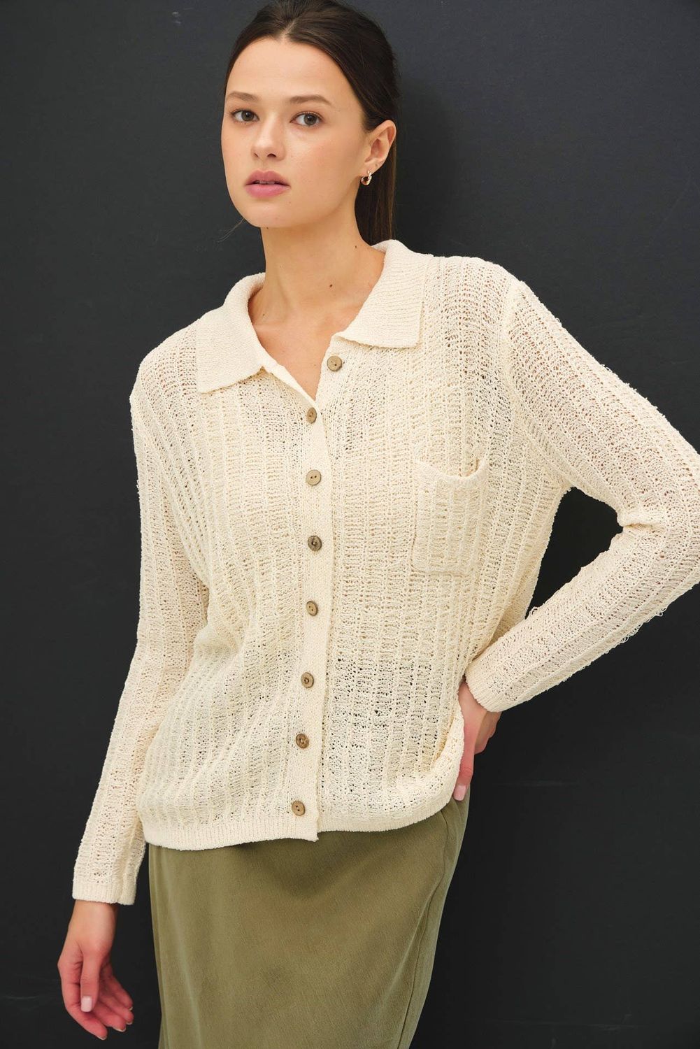 BREEZY TEXTURED KNIT BUTTON UP CARDIGAN, Color: IVORY, Size: L