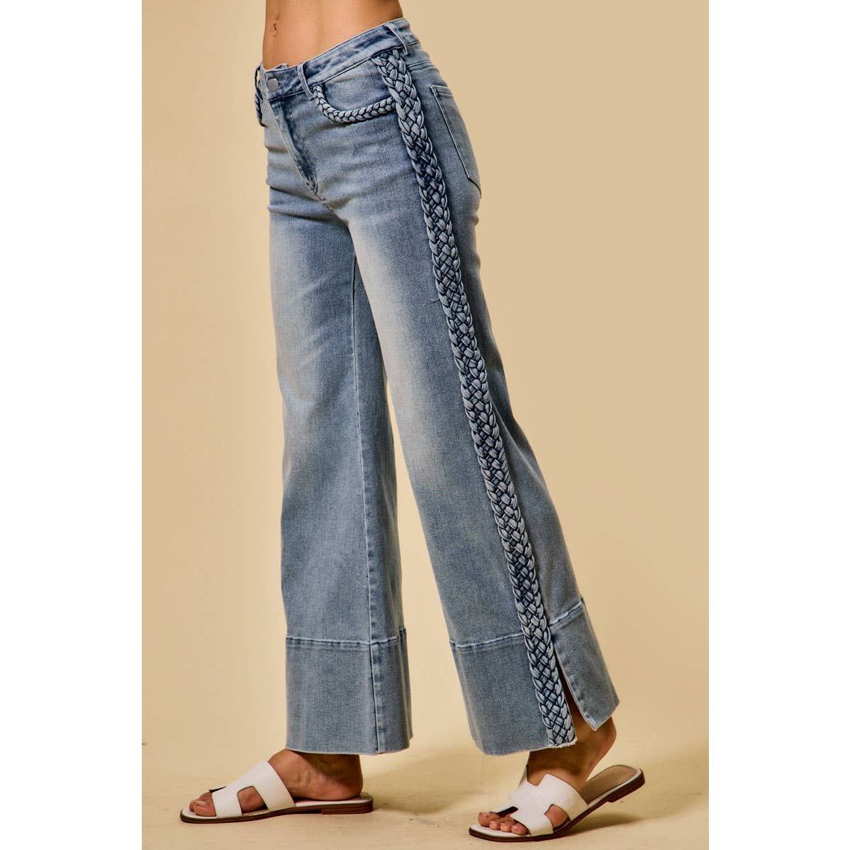 WIDE LEG FLARE DENIM JEANS WITH SIDE  BRAIDS, Color: DARK DENIM, Size: L