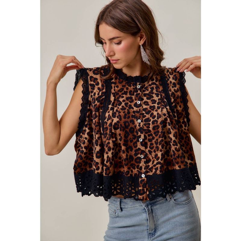LEOPARD BUTTON UP PLEATED TOP
