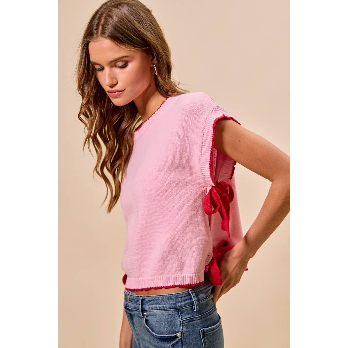 DOLMAN SIDE RIBBON TIE TOP, Color: BLUSH/RED, Size: L