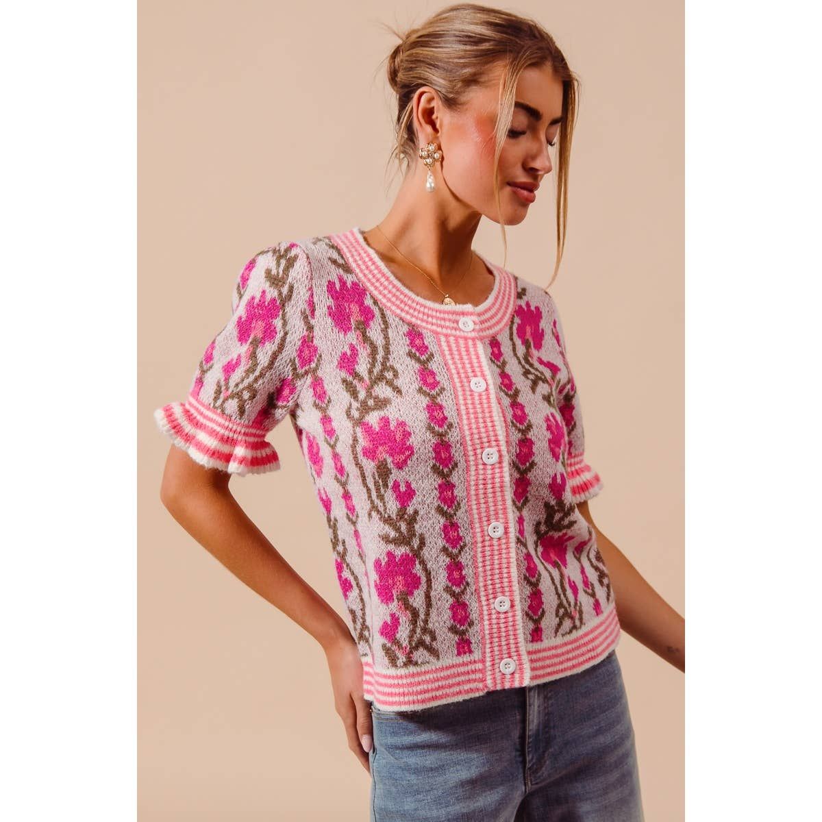 FLORAL CARDIGAN, Color: PINK, Size: M