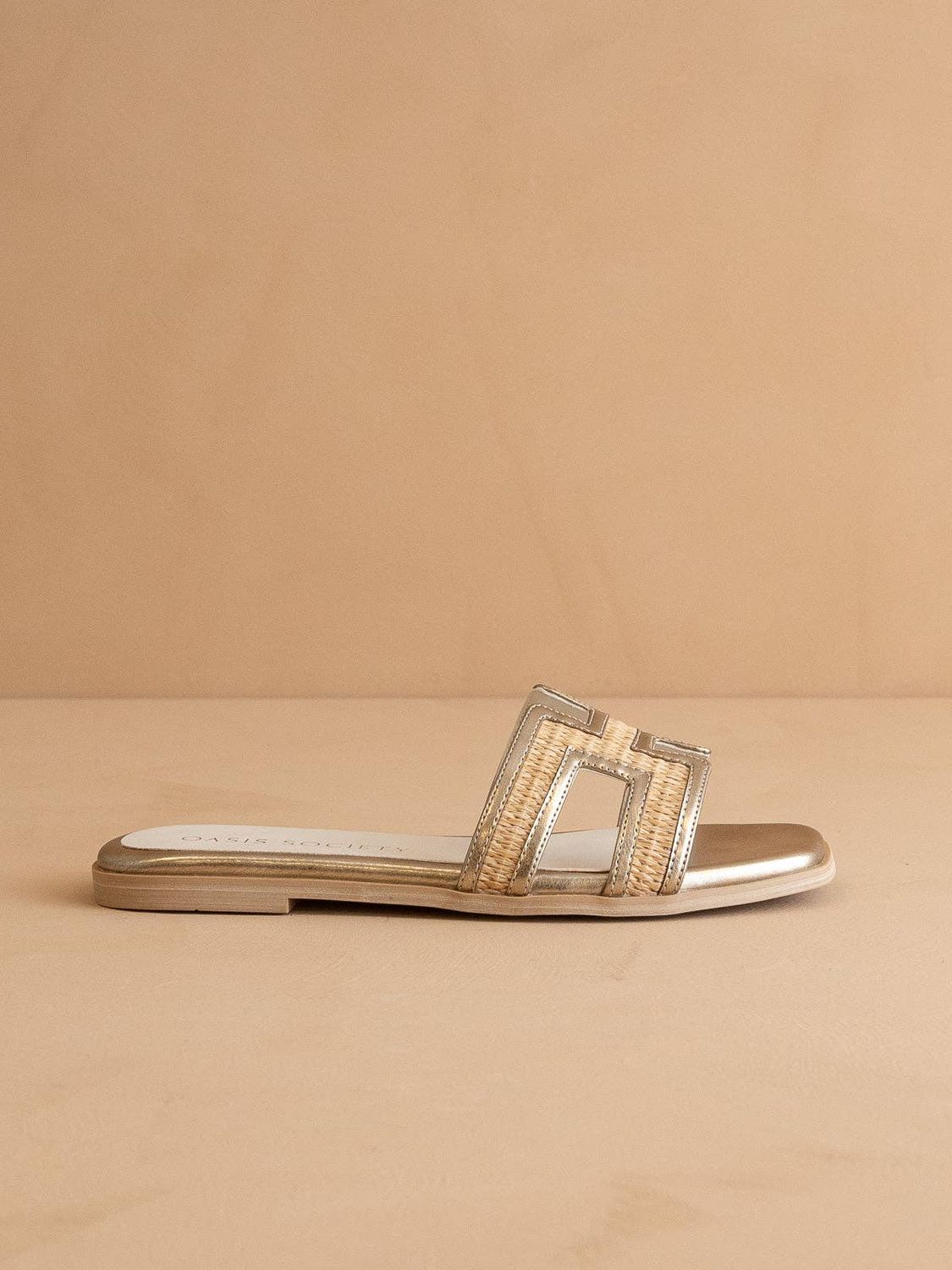 The Ena | Gold H Cutout Raffia Slide, Size: 9