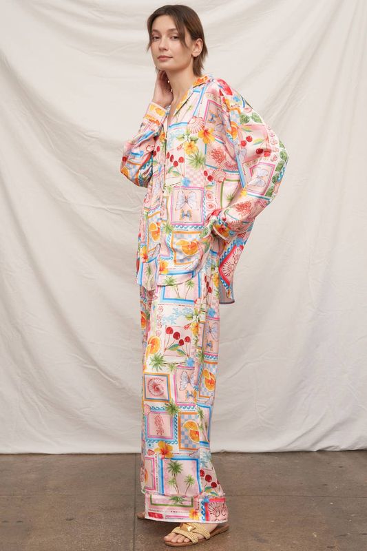 Printed Drawstring Waistband Satin Pants