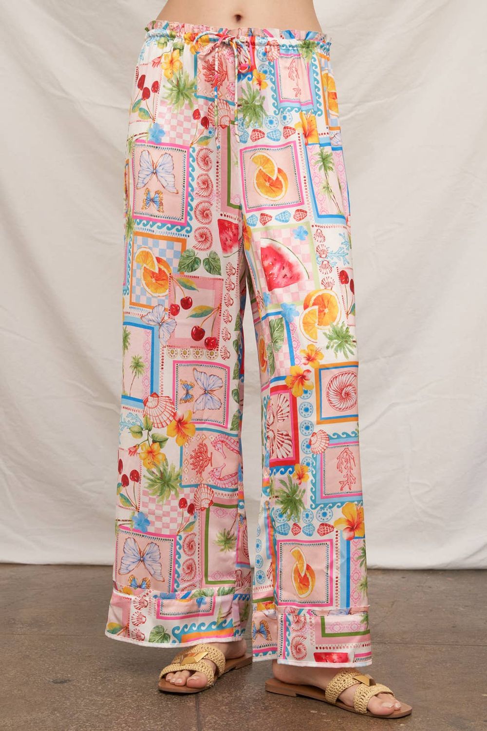 Printed Drawstring Waistband Satin Pants, Color: Multi-Colored, Size: M