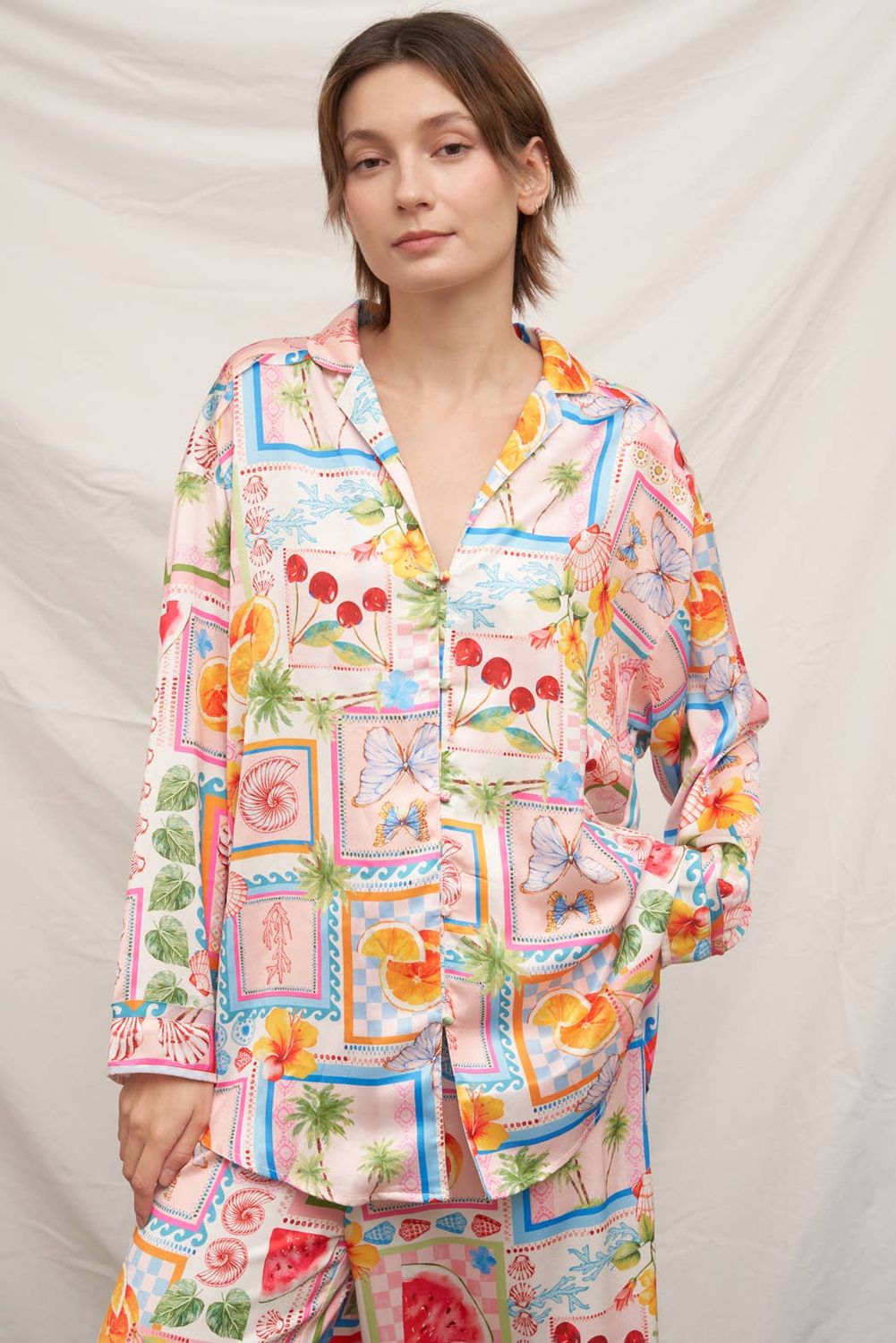 Printed Long Sleeve Button Down Satin Shirt, Color: Multi-Colored, Size: L